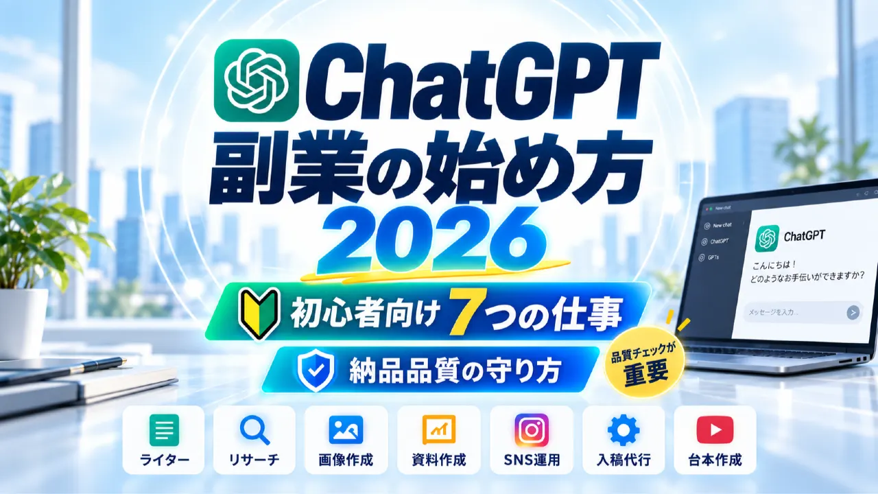 ChatGPT副業の始め方2026｜初心者向け7つの仕事と納品品質の守り方のアイキャッチ画像