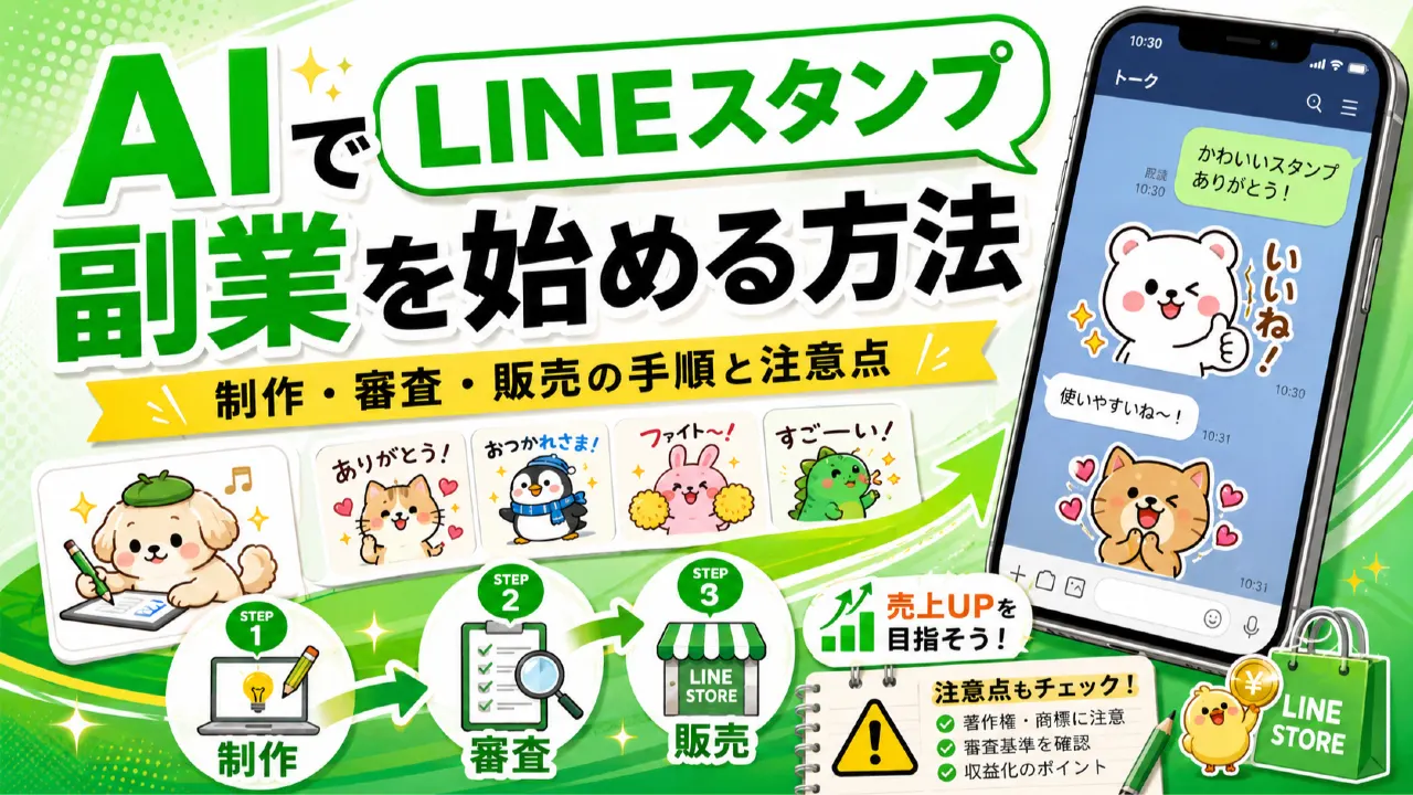 AIでLINEスタンプ副業を始める方法｜制作・審査・販売の手順と注意点のアイキャッチ画像