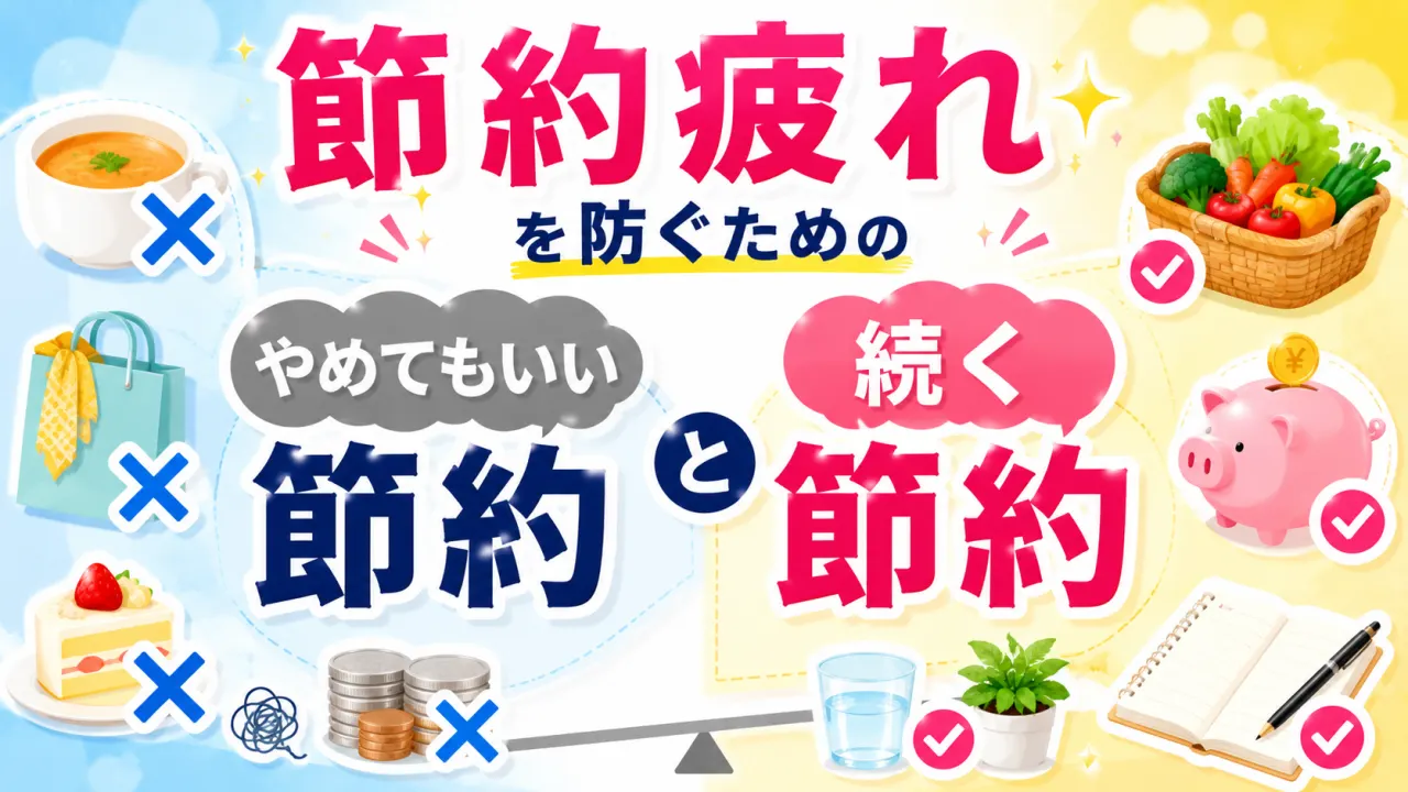節約疲れを防ぐためのやめてもいい節約と続く節約の内容を表すアイキャッチ画像
