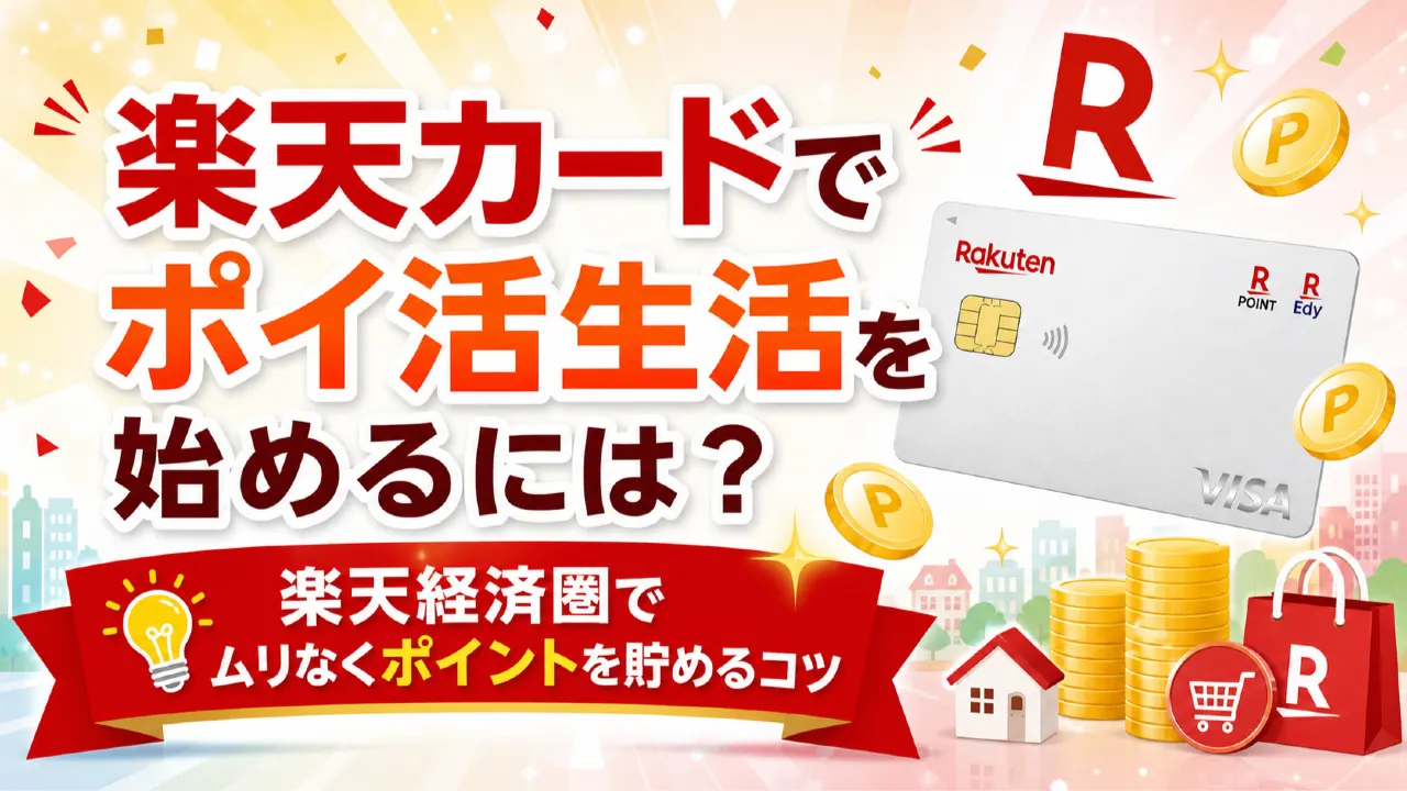 楽天カードでポイ活生活を始めるには？楽天経済圏でムリなくポイントを貯めるコツの内容を表すアイキャッチ画像