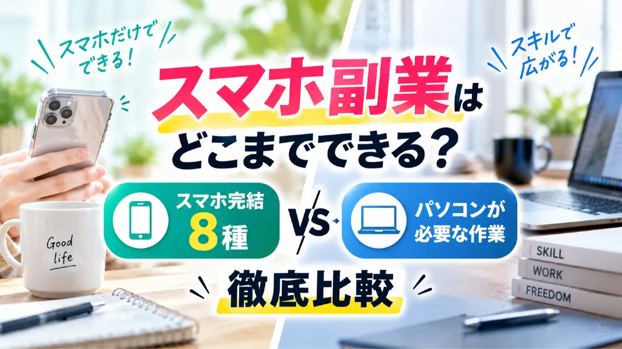 スマホ副業はどこまでできる？スマホ完結8種とパソコンが必要な作業を徹底比較のアイキャッチ画像