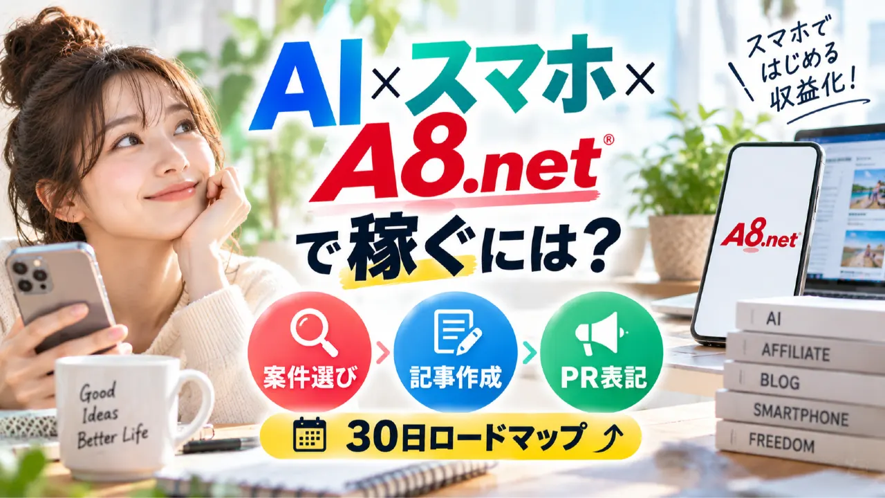 AI×スマホ×A8.netで稼ぐには？案件選び・記事作成・PR表記の30日ロードマップのアイキャッチ画像