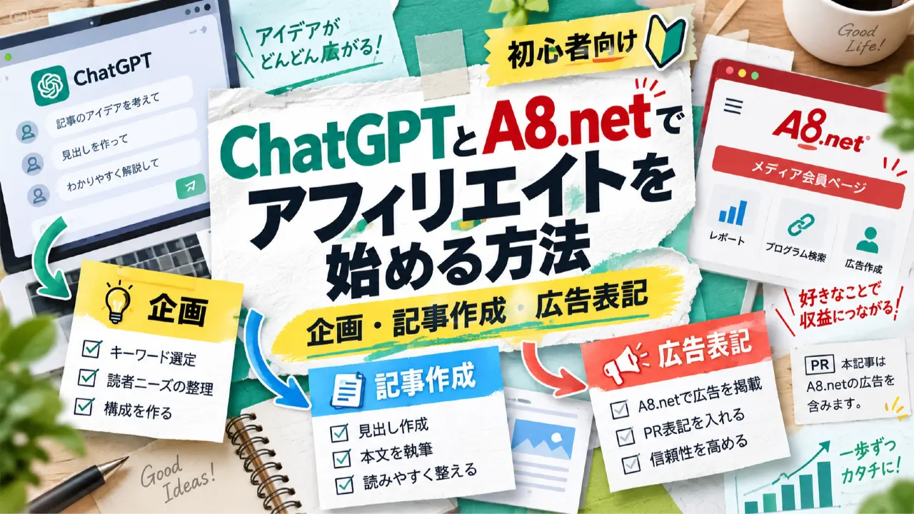 ChatGPTとA8.netでアフィリエイトを始める方法｜企画・記事作成・広告表記のアイキャッチ画像