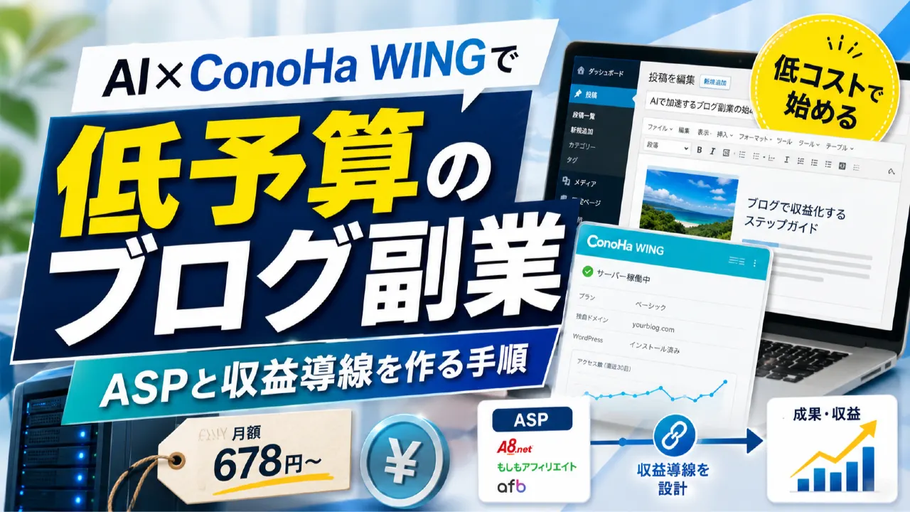 AI×ConoHa WINGで低予算のブログ副業｜ASPと収益導線を作る手順のアイキャッチ画像