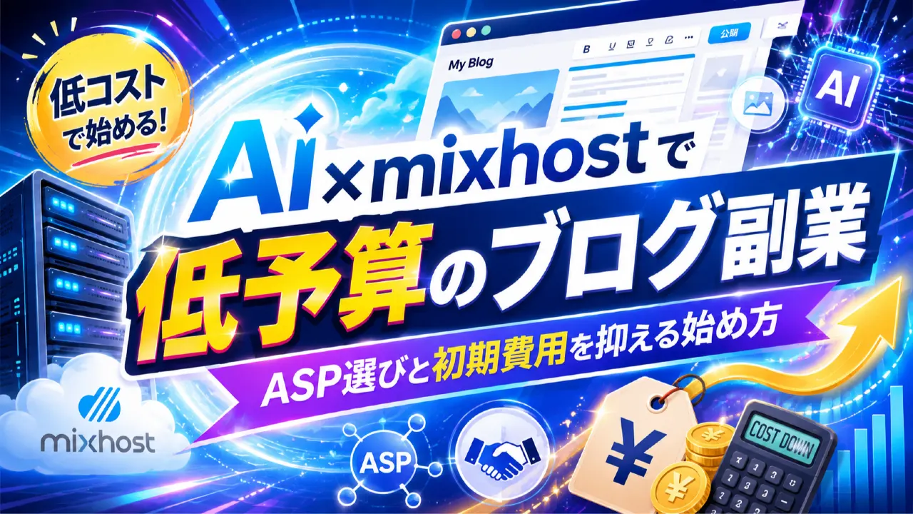 AI×mixhostで低予算のブログ副業｜ASP選びと初期費用を抑える始め方のアイキャッチ画像