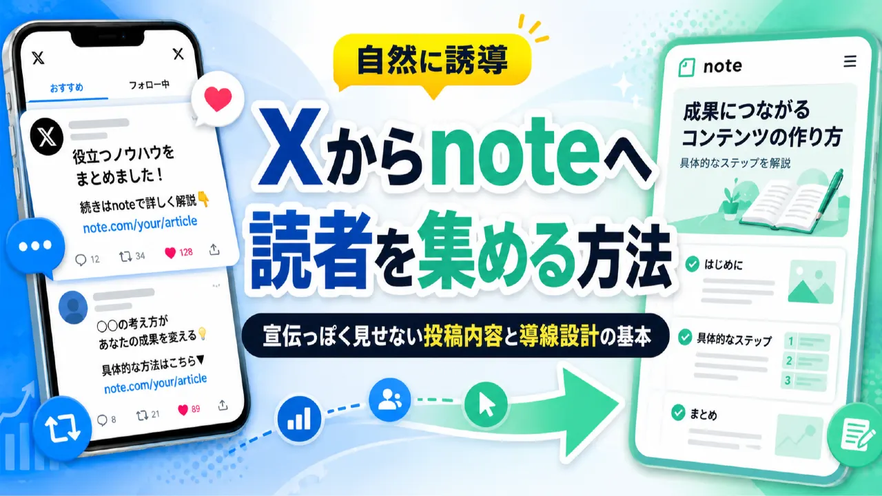 Xからnoteへ読者を集める方法｜宣伝っぽく見せない投稿内容と導線設計の基本の内容を表すアイキャッチ画像