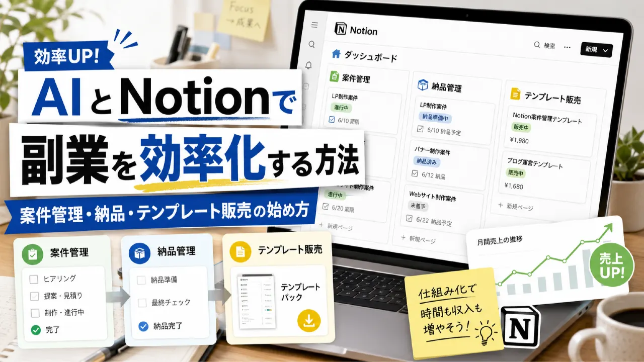 AIとNotionで副業を効率化する方法｜案件管理・納品・テンプレート販売の始め方のアイキャッチ画像