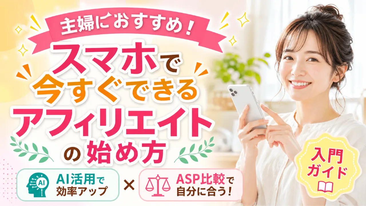 主婦におすすめ！スマホで今すぐできるアフィリエイトの始め方　AI活用とASP比較でわかる入門ガイドの内容を表すアイキャッチ画像