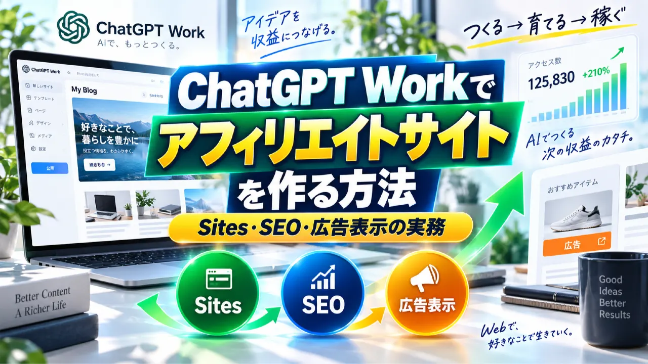 ChatGPT Workでアフィリエイトサイトを作る方法｜Sites・SEO・広告表示の実務のアイキャッチ画像