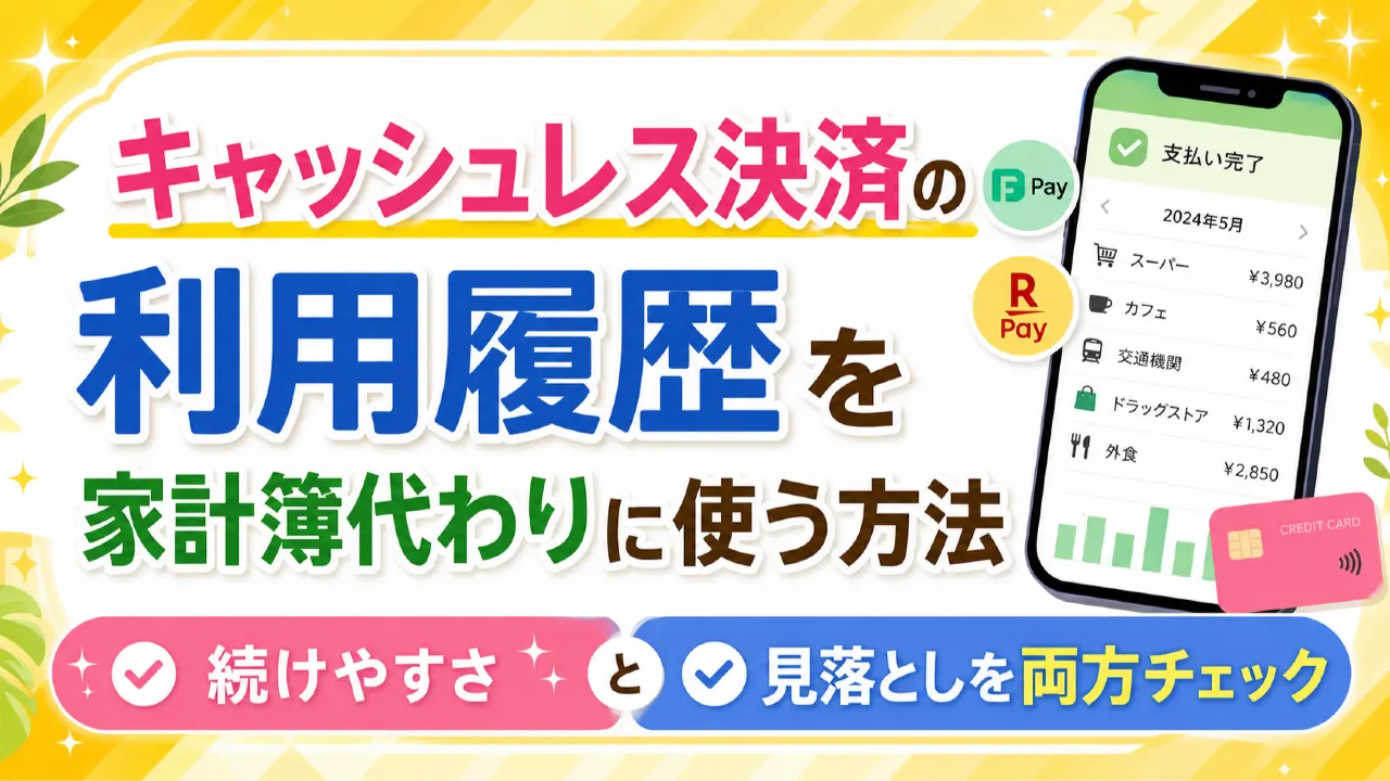 キャッシュレス決済の利用履歴を家計簿代わりに使う方法　続けやすさと見落としを両方チェックの内容を表すアイキャッチ画像