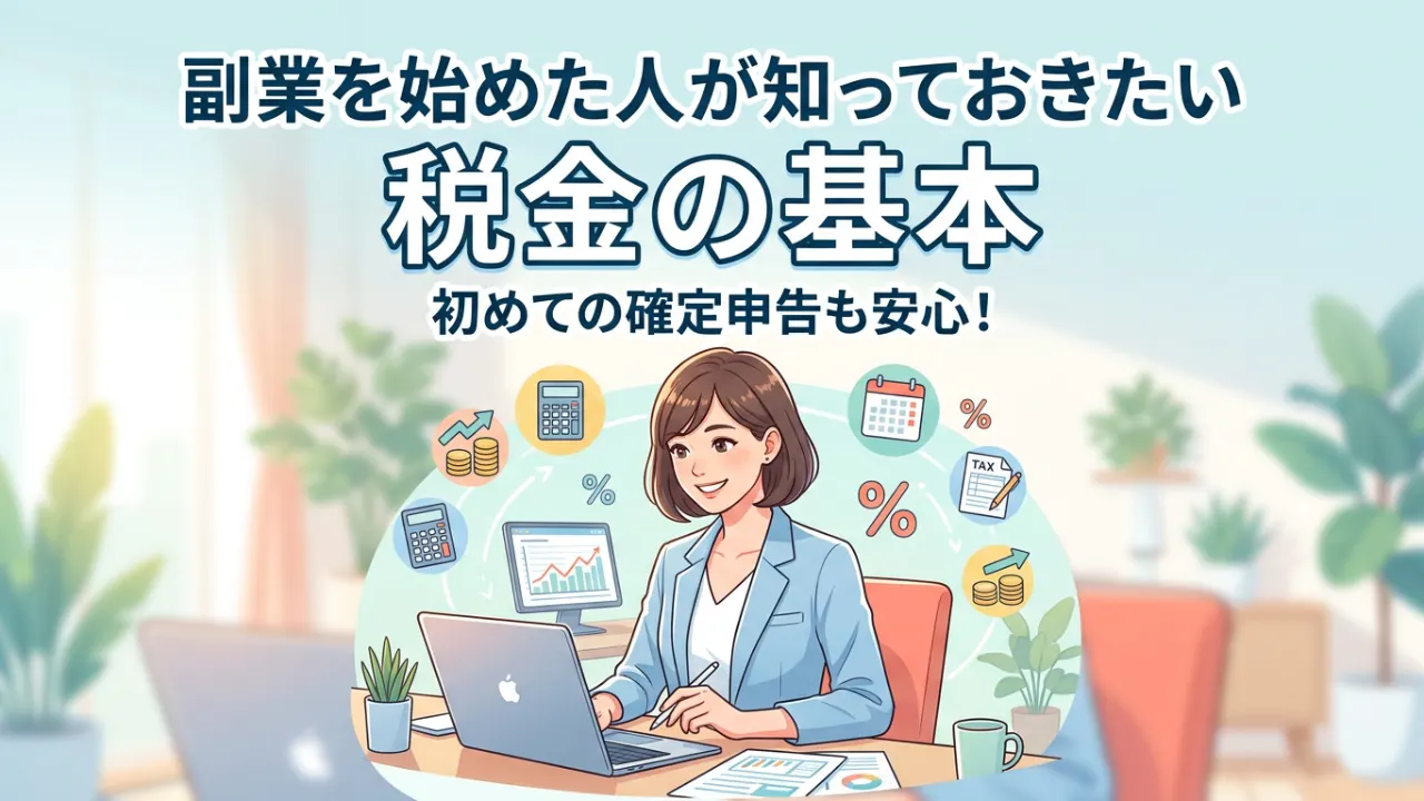 副業の売上メモと確定申告資料を整理するデスク