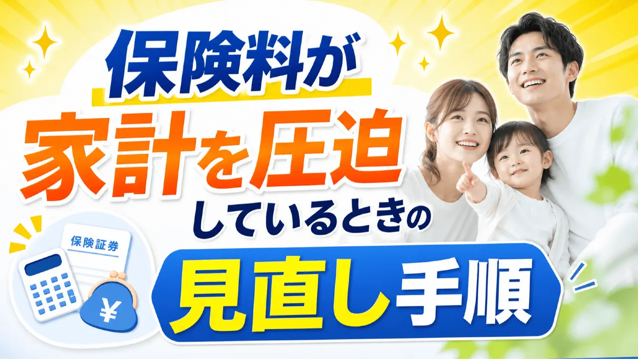 保険証券と家計表を並べて保険料の見直しをする様子