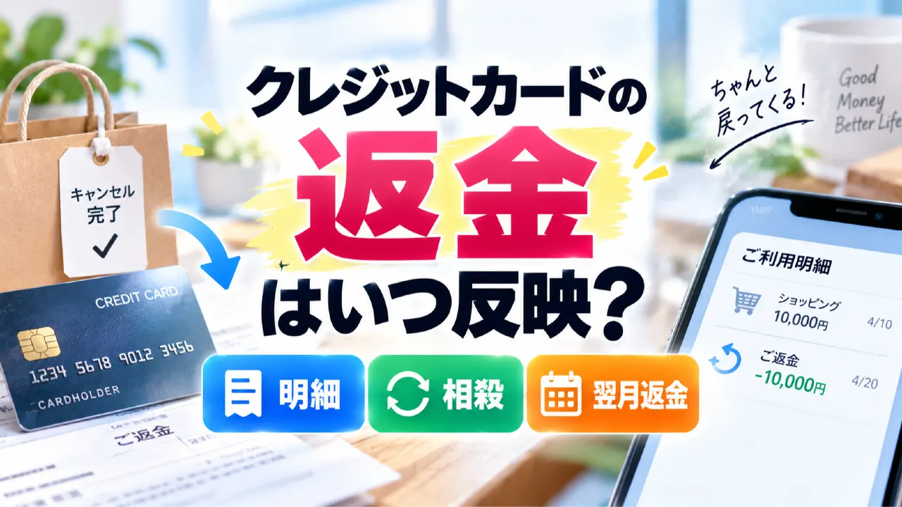 クレジットカードの返金はいつ反映？キャンセル後の明細・相殺・翌月返金を解説のアイキャッチ画像