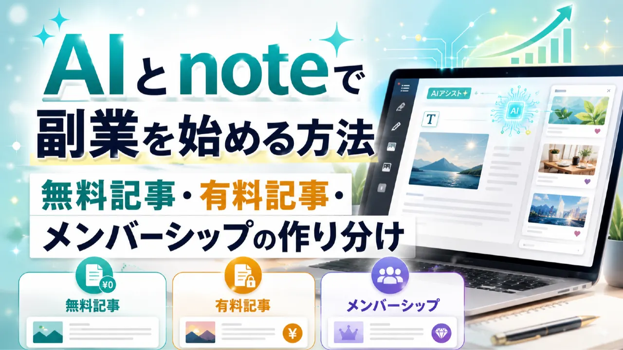 AIとnoteで副業を始める方法｜無料記事・有料記事・メンバーシップの作り分けのアイキャッチ画像