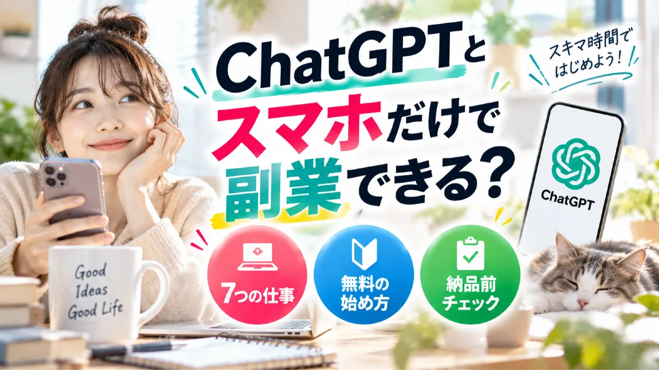 ChatGPTとスマホだけで副業できる？7つの仕事・無料の始め方・納品前チェックのアイキャッチ画像