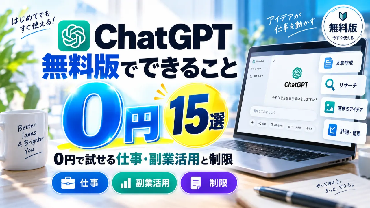 ChatGPT無料版でできること15選｜0円で試せる仕事・副業活用と制限のアイキャッチ画像