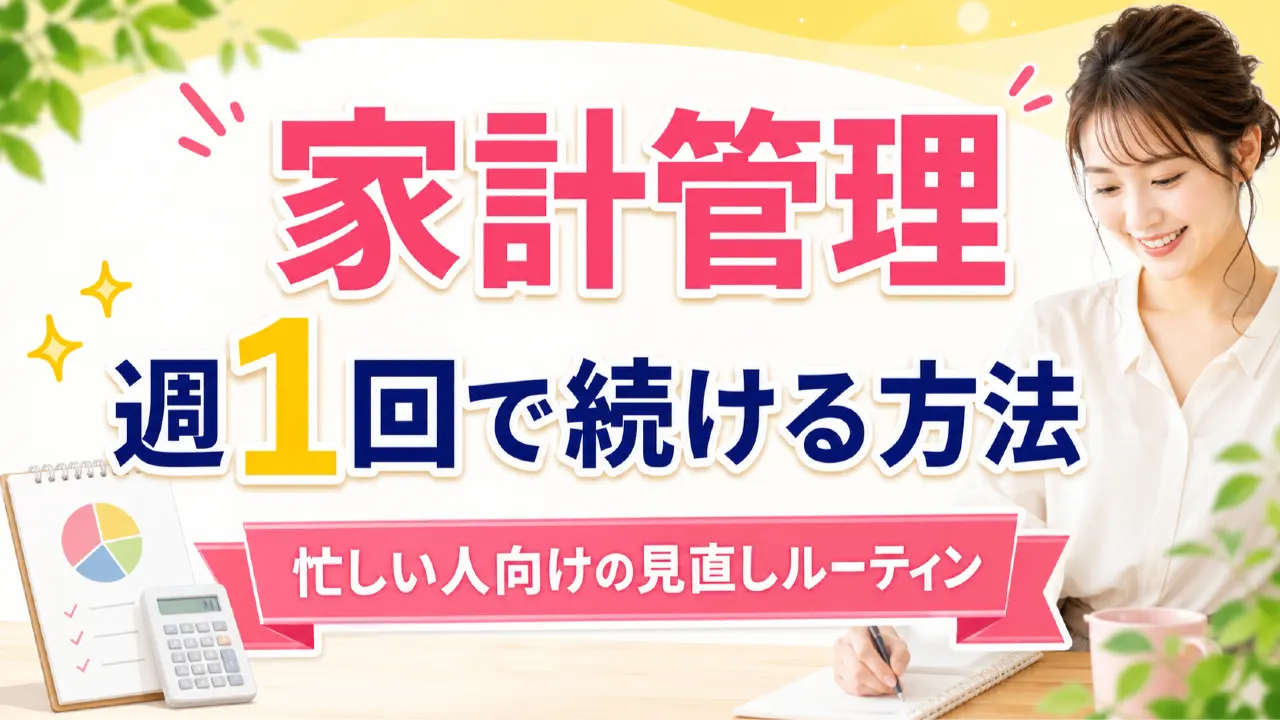 カレンダーと家計簿アプリを見ながら週1回の家計管理をする様子