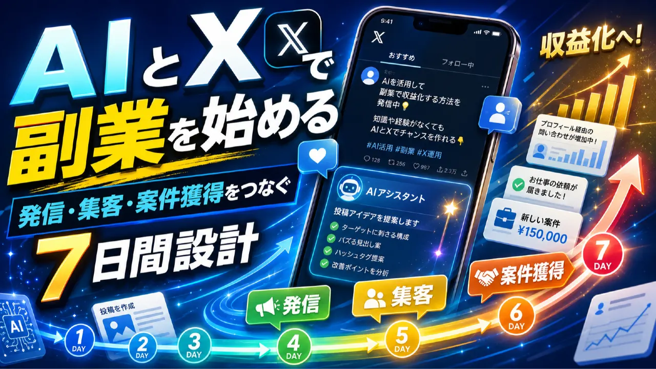 AIとXで副業を始める方法｜発信・集客・案件獲得をつなぐ7日間設計のアイキャッチ画像