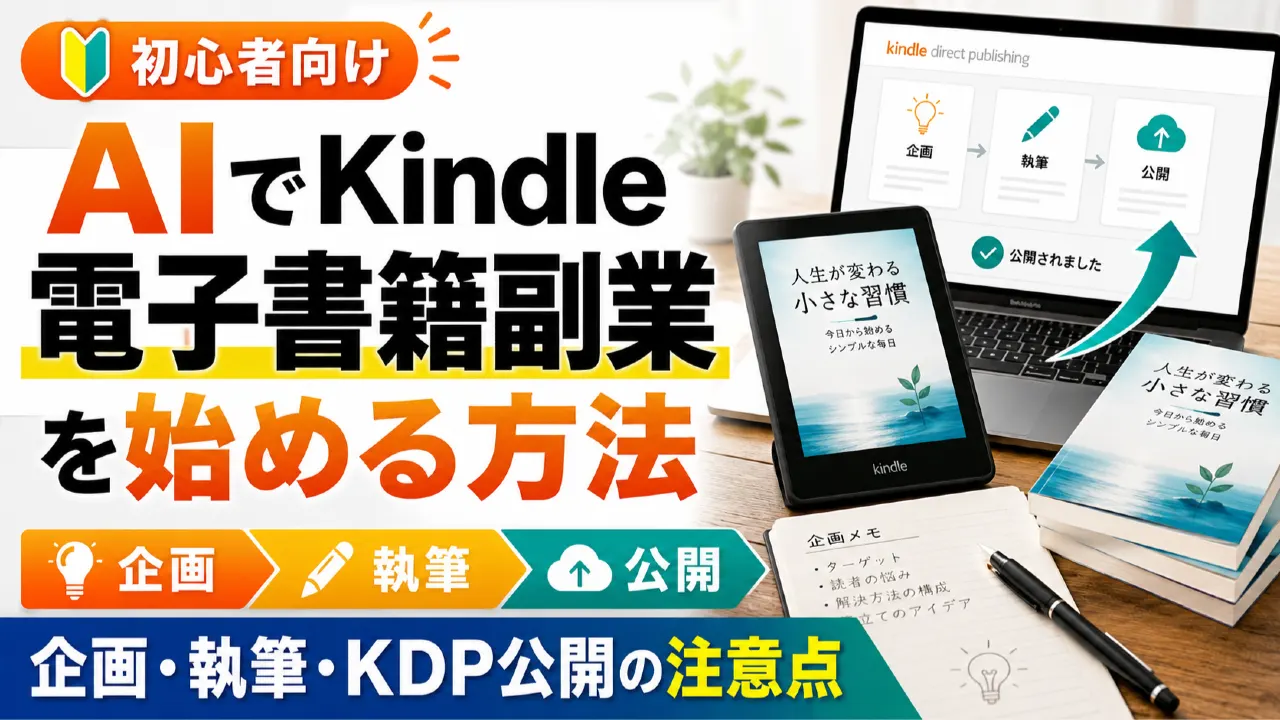 AIでKindle電子書籍副業を始める方法｜企画・執筆・KDP公開の注意点のアイキャッチ画像